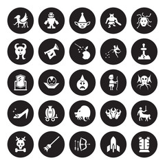 25 vector icon set : Griffin, Atomic bomb, Bow and arrow, Broomstick, Caribbean, Excalibur, Curupira, Chimera, Cinderella shoe, Faun, Goblin, Golem isolated on black background.