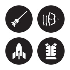 4 vector icon set : Broomstick, Atomic bomb, Bow and arrow, Armor isolated on black background