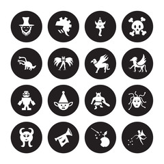 16 vector icon set : Leprechaun, Fairy tale, Fanfare, Faun, female Medusa, Fairy, Hydra, Golem, Gryphon isolated on black background