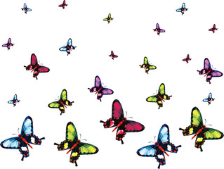 Pattern colorful Papilionidae butterfly isolated on white background, yellow green blue red pink wings insects flying. Pattern logo geometric. Bug polygonal crystal style.