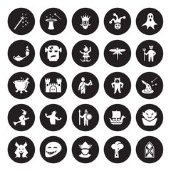 25 vector icon set : Magic wand, Talking tree, Thor, Troll, Valkyrie, Devil, Yeti, Warrior, Witch, Genie, King, isolated on black background.