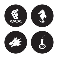 4 vector icon set : Shipwreck, Quetzalcoatl, Seahorses, Potion isolated on black background