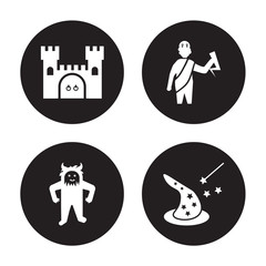 4 vector icon set : Castle, Yeti, Zeus, Wizard isolated on black background