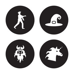 4 vector icon set : Zombie, Viking, Witch hat, Unicorn isolated on black background