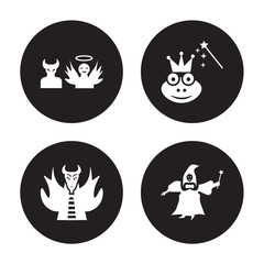 4 vector icon set : antagonist, myth, enchantment, fairy godmother isolated on black background