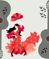 Spanish girl dressed in traditional flying red dress with polka dots and holding fan in her hands dancing flamenco. Silhouettes of guitars and branches with leaves on a gray background.