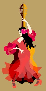 Dark-haired Spanish girl dressed in long red dress with frills on sleeves in form of roses, dancing flamenco isolated against silhouette of guitar in vector.