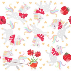 Seamless pattern with cute little unicorns, hearts, strawberry and flowers in red mug.