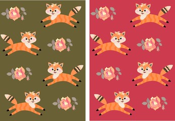 Set of cute cartoon patterns with little foxes and rose flowers in vector. Print for fabric.