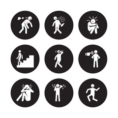9 vector icon set : drunk human, drained curious depressed determined down disappointed crazy human isolated on black background