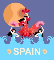 Two mermaids and Spanish girl, dressed in long dresses, dancing flamenco against the sea in front of the moon, stylized as a guitar. Concert banner. Tourist symbol. Welcome to Spain.