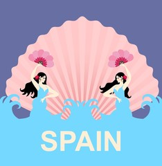 Two Spanish girls in the form of mermaids are dancing flamenco against the backdrop of waves and the rising sun, stylized as pink sea shell.