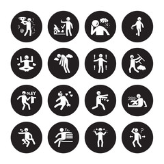 16 vector icon set : old human, irritated lazy lonely lost inspi motivated lucky meh human isolated on black background