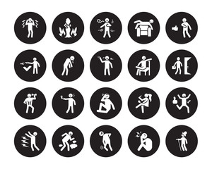 20 vector icon set : shocked human, overwhelmed pained pissed off safe relaxed proud ready rough human isolated on black background