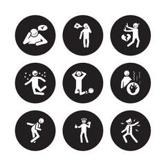 9 vector icon set : heartbroken human, happy funny good grateful guilty great full human isolated on black background