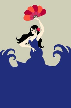 Beautiful Spanish girl in the form of mermaid with fan in her hands dancing flamenco against the background of the sea. Tourist banner. Space for text.