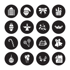 16 vector icon set : christmas Cabin, Antlers, Balloons, Bauble, Bells, 25-Dec, Christmas ball, Candy canes, Celebration isolated on black background
