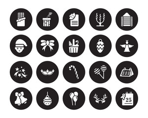20 vector icon set : christmas chocolate, Antlers, Balloons, Bauble, Bells, Cabin, Christmas ball, Candy canes, Celebration, Bow isolated on black background