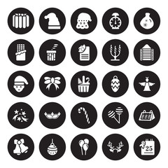 25 vector icon set : christmas jelly, Antlers, Balloons, Bauble, Bells, Cabin, Christmas ball, Candy canes, Celebration, chocolate isolated on black background.