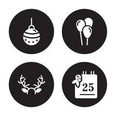4 vector icon set : Bauble, Antlers, Balloons, 25-Dec isolated on black background