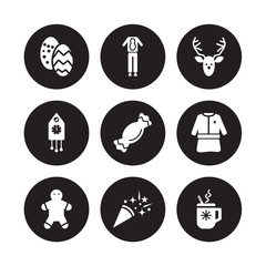 9 vector icon set : Easter egg, Deer Costume, Cookie, Cracker, Deer, Cuckoo Clock, Confetti isolated on black background