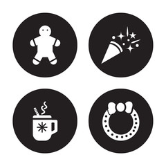 4 vector icon set : Cookie, Cocoa, Confetti, Christmas wreath isolated on black background