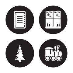 4 vector icon set : christmas wishlist, Christmas tree, window, train isolated on black background