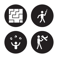 4 vector icon set : Labyrinth, Juggler, Knife Throwing, Fire eater man isolated on black background
