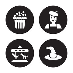 4 vector icon set : Pop corn, Merry go round, Mime, Magic hat isolated on black background