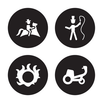 4 Vector Icon Set : Rodeo, Ring Of Fire, Ringmaster, Ride Isolated On Black Background