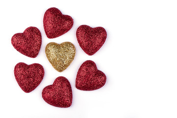 Gold and red hearts isolated