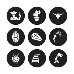 9 vector icon set : Cowboy, Cactus, Tumbleweed, Whip, Wooden Coffin, Bull skull, Barrel, Train Rails isolated on black background