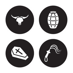 4 vector icon set : Bull skull, Wooden Coffin, Barrel, Whip isolated on black background