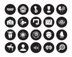 20 vector icon set : Kidney Disease (Chronic Disease), Human papillomavirus (HPV), Huntington's disease, Hypermetropia, Hyperopia, Iron-deficiency anemia isolated on black background