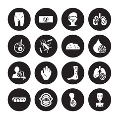 16 vector icon set : Limbtoosa, Jaundice, Keloids, Kidney Disease (Chronic Disease), stone disease, Irritable bowel syndrome, Leprosy isolated on black background