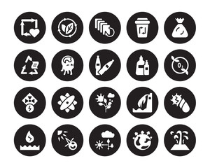 20 vector icon set : Reuse, earth, energy, house effect, Hydraulic Recycle bag, Plastic, Nature, Nuclear power, Pollution, Recycled Paper isolated on black background