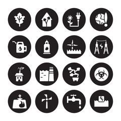 16 vector icon set : Leaf, Water tap, Wind turbine, Biogas, Biohazard, energy, Gasoline, Eco house, Eolic energy isolated on black background