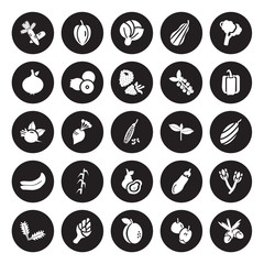 25 vector icon set : Carrots, Apple, Apricot, Artichoke, Arugula, Bell pepper, Basil, Avocado, Banana, Breast milk fruit, Cabbage, Carambola isolated on black background.