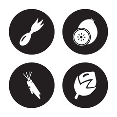 4 vector icon set : Leek, Horseradish, Kiwi, Hazelnut isolated on black background