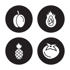 4 vector icon set : Plum, Pineapple, Pitaya, Persimmon isolated on black background