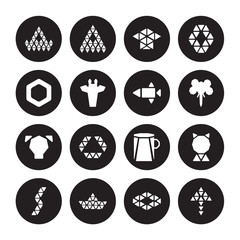 16 vector icon set : Polygonal jewel, ascendant, boat of small triangles, buildings cat isolated on black background