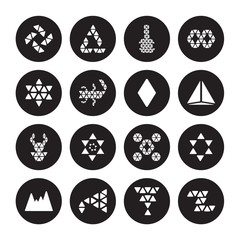 16 vector icon set : Polygonal windmill, martini glass shape, megaphone, mountains, multiple stars isolated on black background