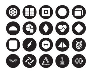 20 vector icon set : Sri yantra, Polygonal triangles guitar, triangular recycle, windmill, wings, Side to side of a cube, Rgb, Radius isolated on black background