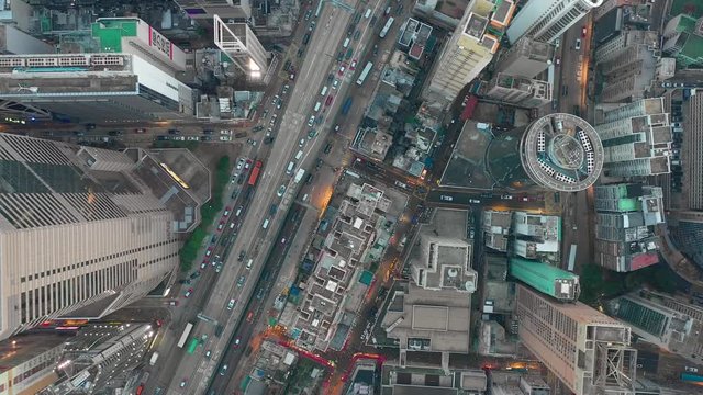 HONG KONG - MAY 2018: Aerial look-down view of Causeway Bay district, residential and office buildings and skyscrapers.