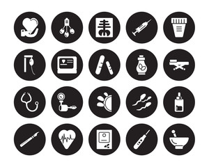 20 vector icon set : Petri dish, Medical history, medical Mask, Report, result, Otoscope, Non ionizing radiation, Substance, Medicines isolated on black background