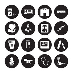 16 vector icon set : Plaster, Medicines, Neurology, Non ionizing radiation, Ointment, medical Walker, Petri dish, Otoscope, Patient isolated on black background