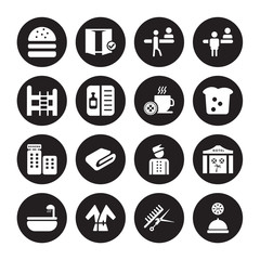 16 vector icon set : Cheese burger, Barbershop, Bathrobe, Bathtub, Beach Hotel, 24 Service, Bunk bed, Booking, Breakfast isolated on black background