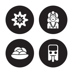 4 vector icon set : Chakra, Kanji vadas, Alamelu, Tuk tuk isolated on black background