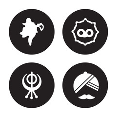 4 vector icon set : assam, sikhism, telugu language, Turban isolated on black background