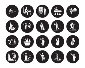 20 vector icon set : Racer, Maid, Manager, Mechanic, Miner, Postman, Photographer, Nurse, Painter, Plumber, Professor isolated on black background